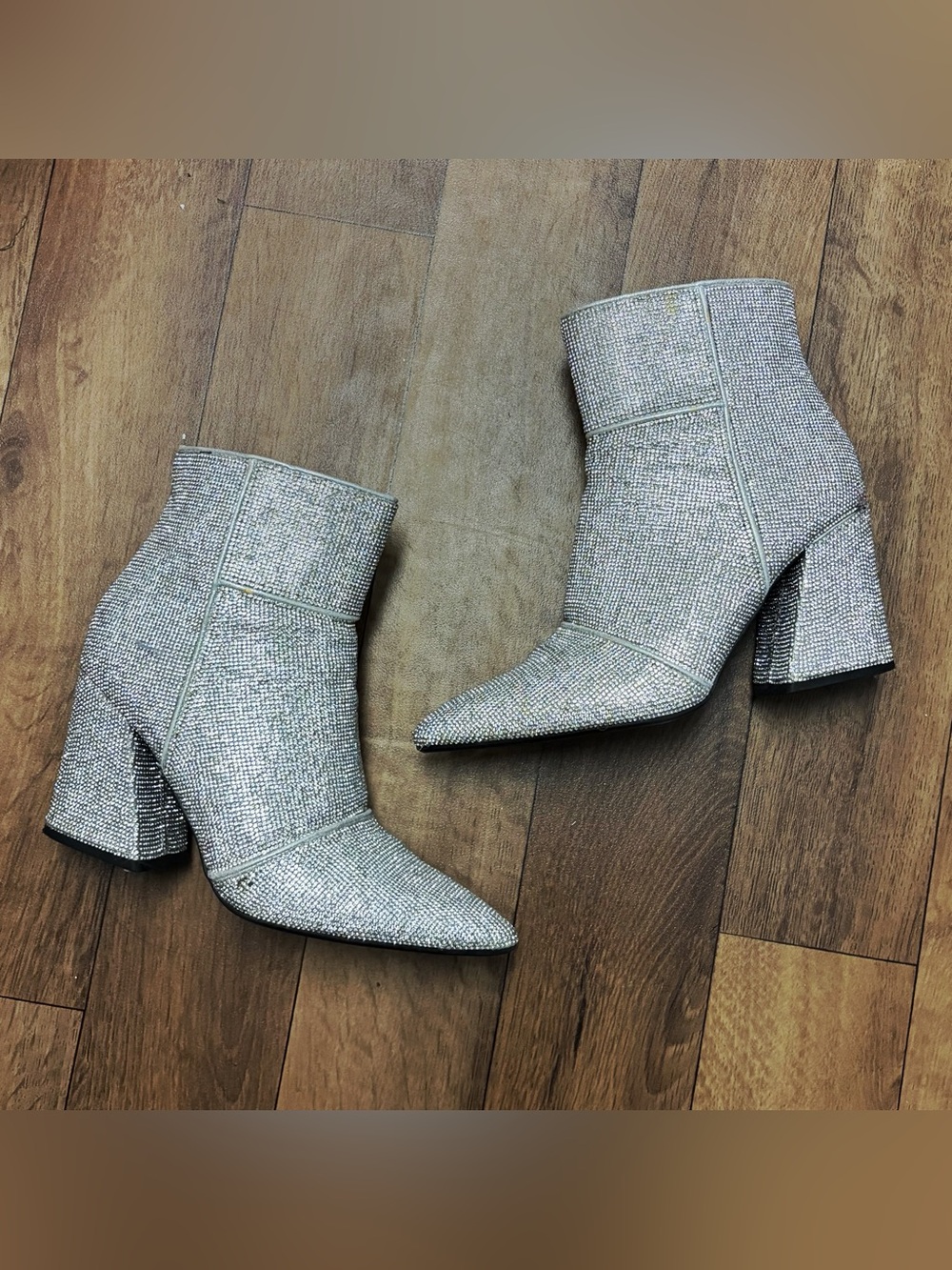 Silver Sparkle Pointed Toe Block Heel Ankle Boots